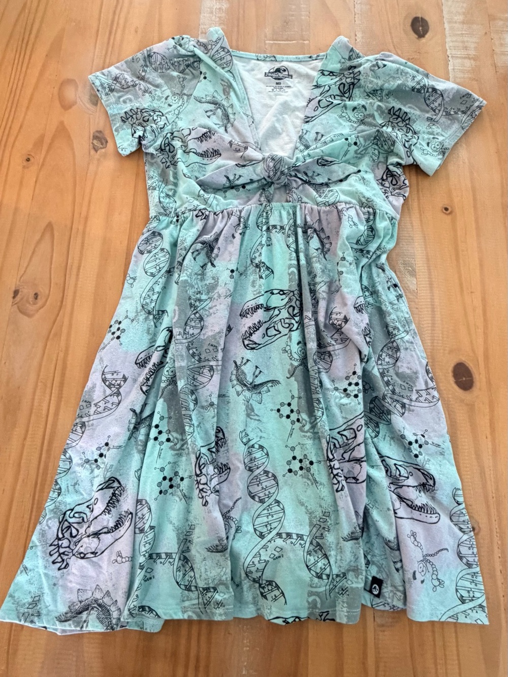 Jurassic World Dress Womens M Green Purple Dinosaur DNA Front Tie Keyhole Soft